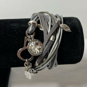 Sea Smadar Eliasaf Crystal Leather Bracelet Silver grey triple wrap Swarovski